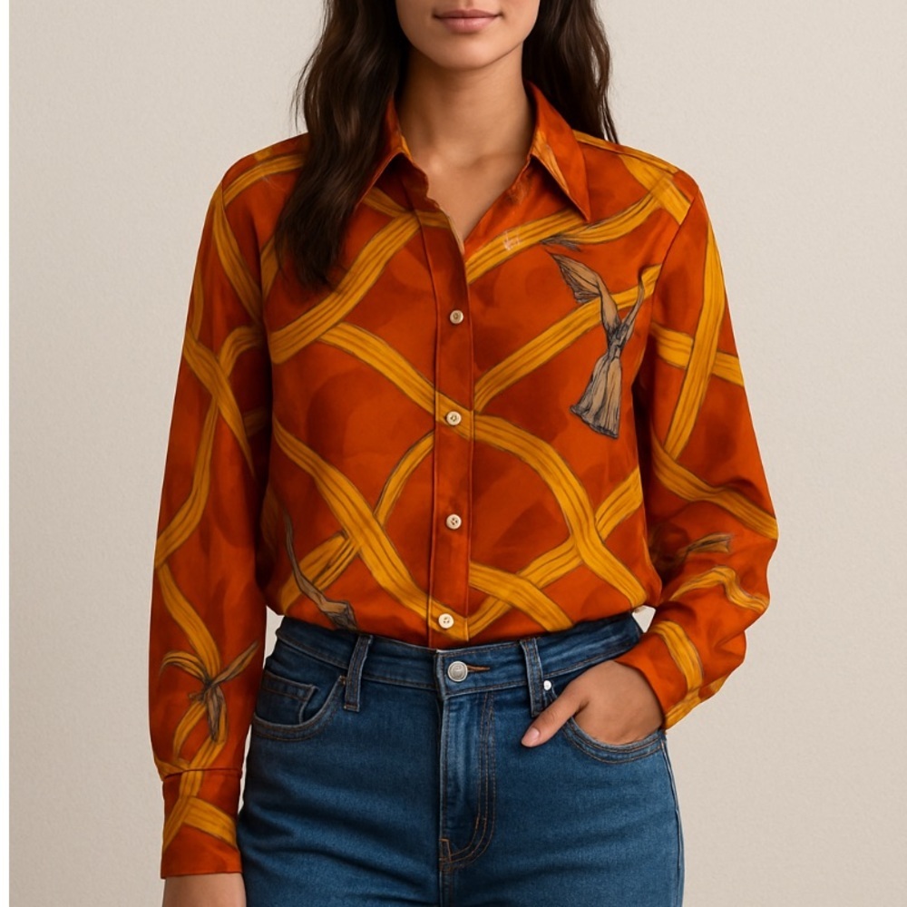 Orange and Yellow Patterned Women's 100% silk blouse made in Poland